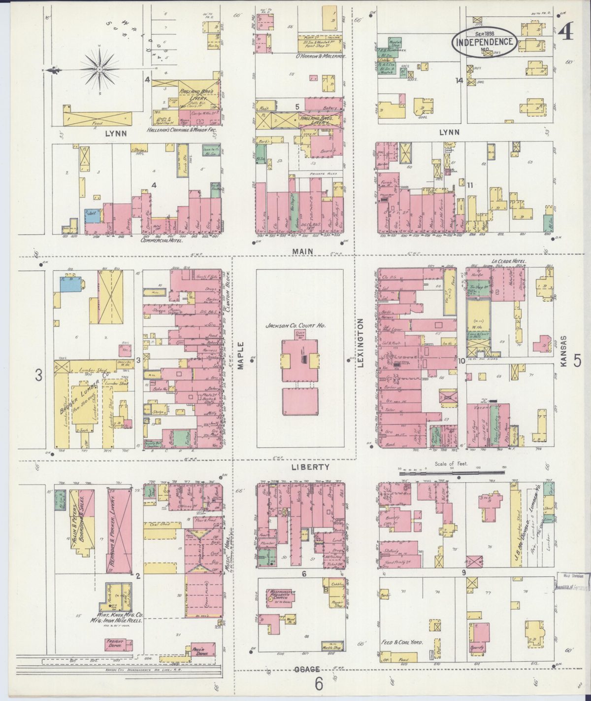 1898 Sanborn map of the Jackson County Courthouse Square in Independence, Missouri, ringed by brick storefronts.