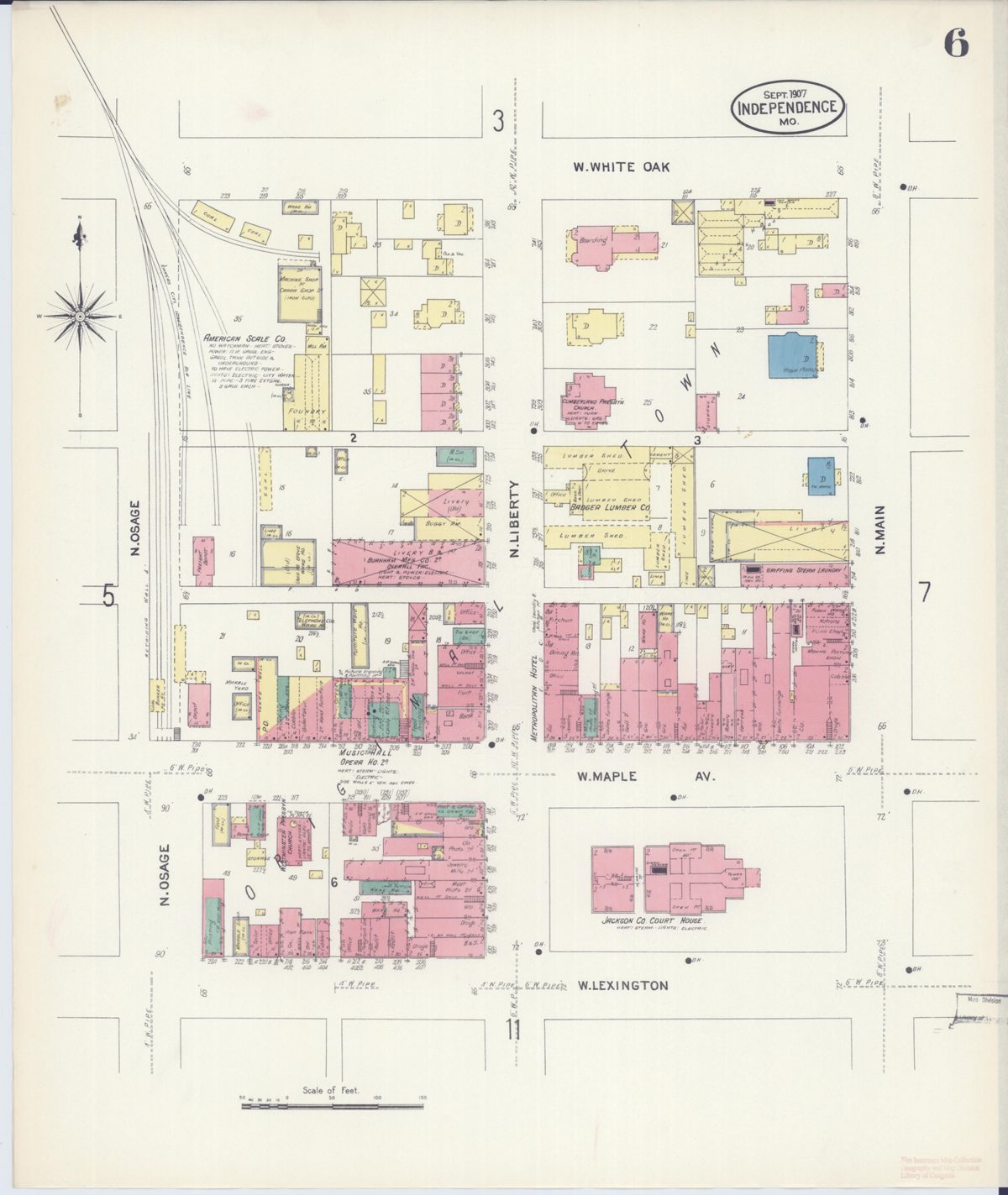 1907 Sanborn map sheet showing the Jackson County Court House and the adjacent commercial block on West Lexington Avenue.