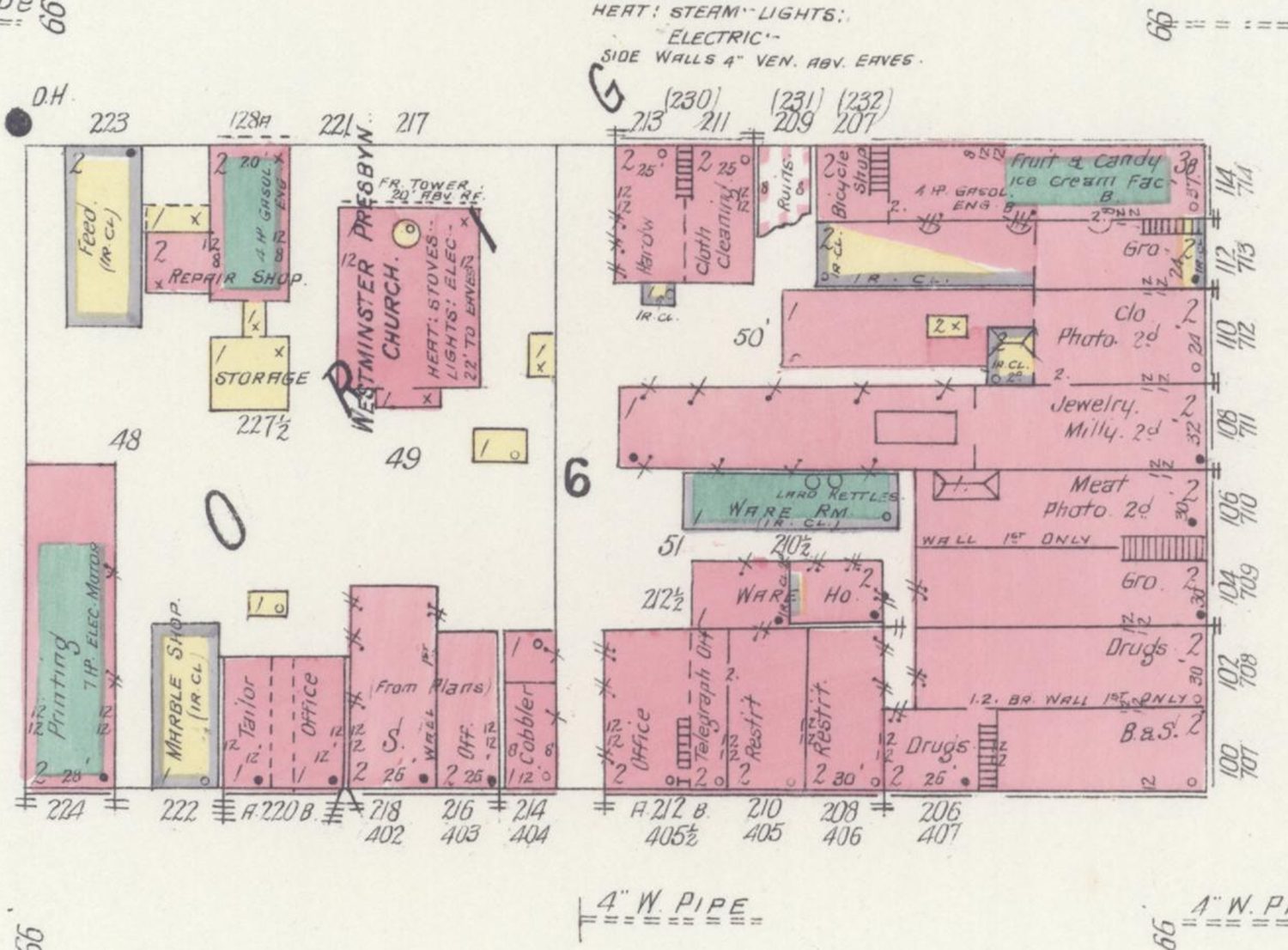 1907 Sanborn fire-insurance map of the 200 block of West Lexington Avenue, showing brick restaurants at 208 and 210, an office and telegraph office at 212, and a drug store at 206.